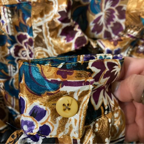 Vintage polyester button up collared shirt long puff sleeve floral design sz14 - Picture 12 of 16